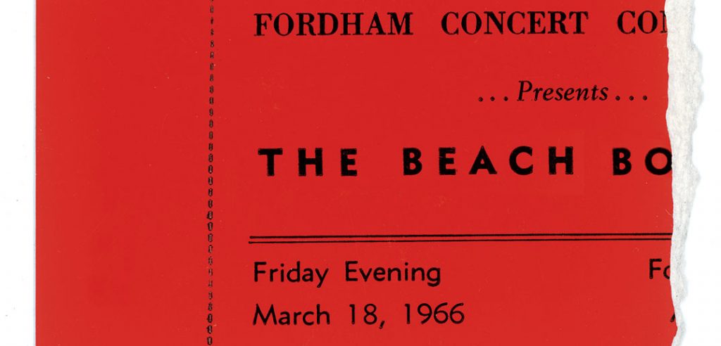 A ticket stub from the 1966 Beach Boys concert on the Rose Hill campus