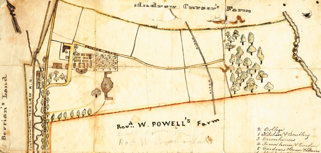 The earliest known map of the Rose Hill campus, circa 1841, shows the main building of the college and the names of the neighboring farms.