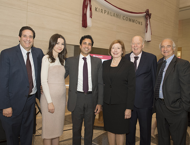 Fordham Law Dean Matthew Diller with Susheel Kirpalani LAW ’94 (third from left) and his spouse, Yulia Fomenko (second from left), and Quinn Emanuel Urquhart & Sullivan named partners Kathleen Sullivan and Bill Urquhart LAW ’78 and partner Peter Calamari LAW ’73 at the dedication of the Kirpalani Commons on March 29, 2017