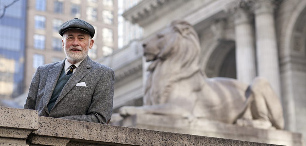 Novelist and Fordham alumnus Peter Quinn on the steps of the New York Public Library