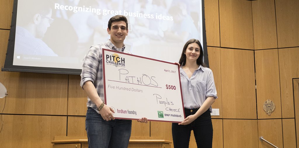 The grand prize of $4,500 was awarded to Pathos creator Anthony Parente, GABELLI ’19, and his teammates Shelda Zajmi, FCRH ’19, Ryan Zablocki, GABELLI ’17, and Samuel Knoche FCRH ’20; they were also awarded the People’s Choice prize of $500.