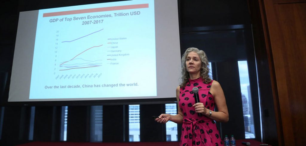 Keynote speaker Jennifer Carpenter presents her research, "The Real Value of China's Stock Market."
