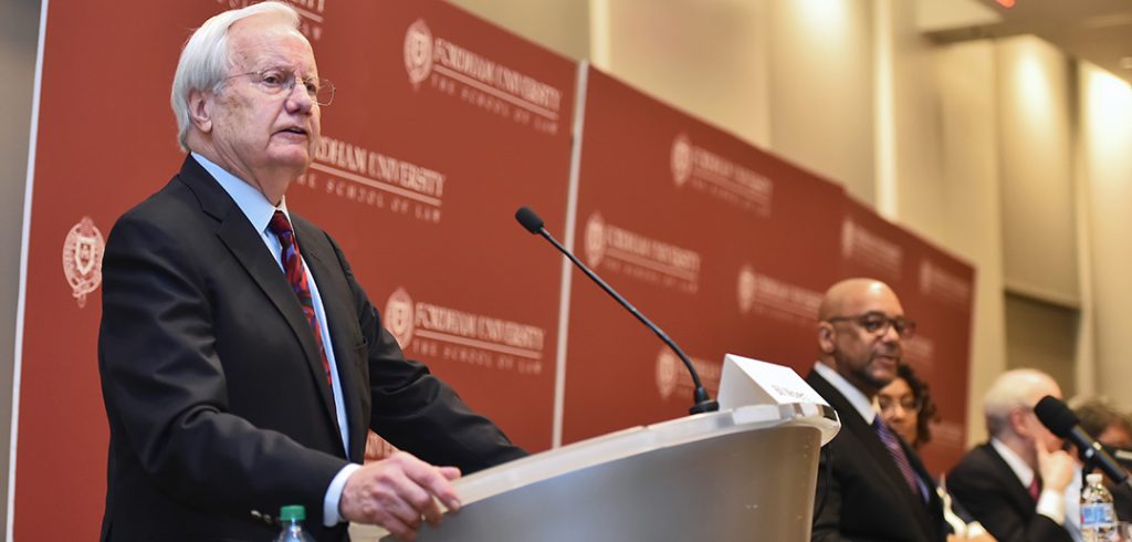Bill Moyers addresses an audience at Fordham Law
