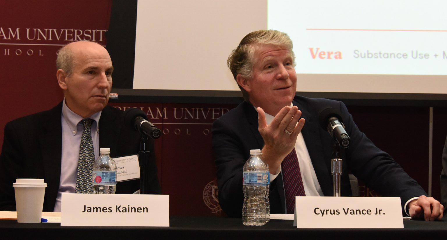 Fordham Law Professor James Kainen and New York County District Attorney Cyrus R. Vance Jr address an audience at Fordham School of Law