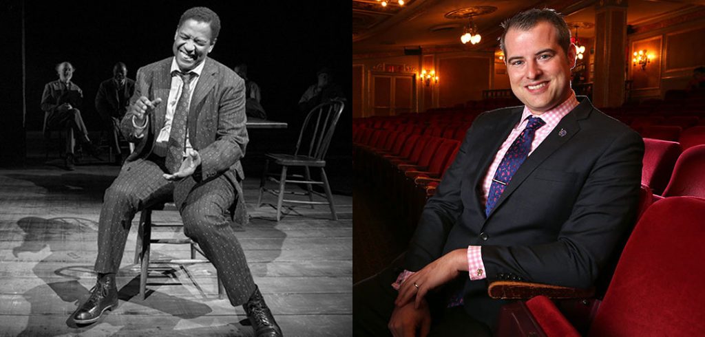 A composite image showing actor Denzel Washington (left) in "The Iceman Cometh" and Broadway producer John Johnson (right) sitting in a theater.