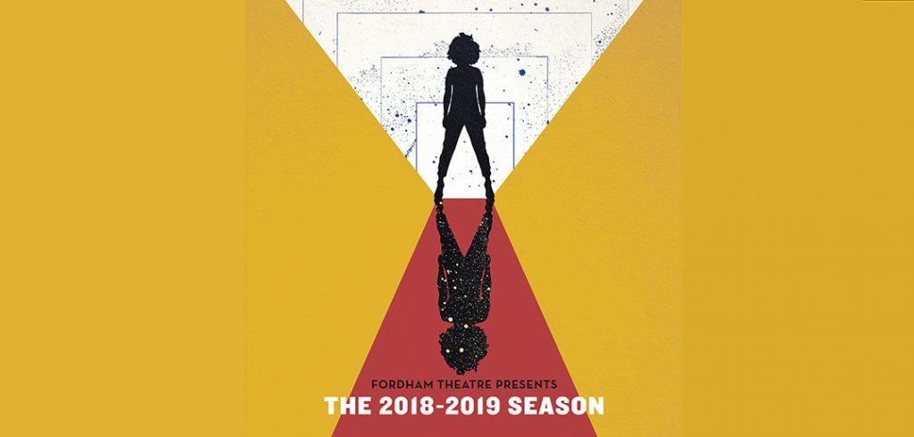 The poster for Fordham Theatre's 2018 mainstage season, featuring a drawing of a woman looking out into the horizon.