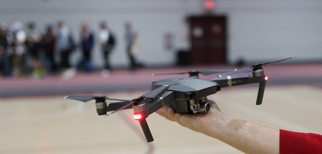 DJI Mavic Pro drone being held inside the Lombardi Fieldhouse