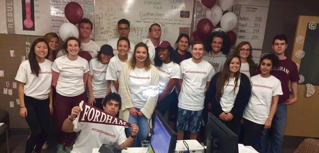 Students wearing "#FORDHAMGIVES" t-shirts at last year’s Giving Day