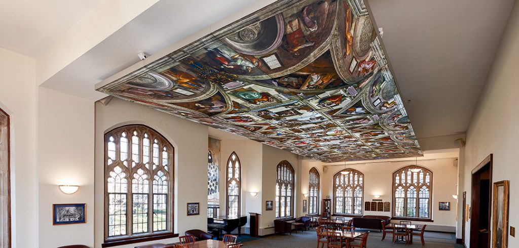 A reproduction of the Sistine Chapel ceiling at Butler Commons on the Rose Hill campus.
