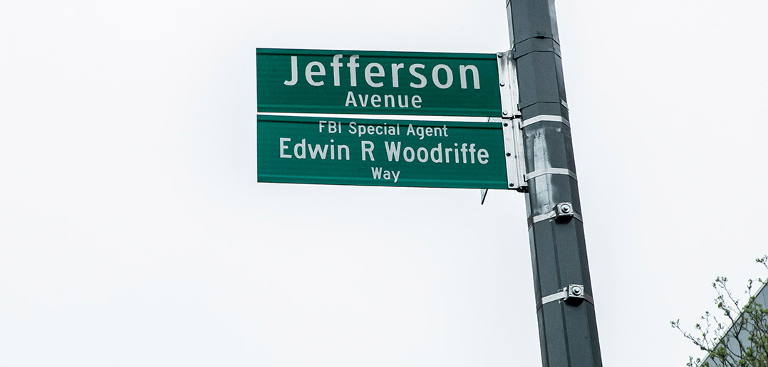 The sign showing the new co-name of Jefferson Avenue, Edwin R. Woodriffe Way