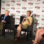 Christine Driessen, Tim McCarver, Jane Pauley and Sarah Kugal, seated in front of a WFUV step and repeat banner