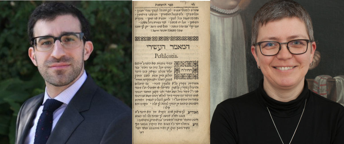 Joshua Telitsky and Magda Teter with an image of text between their headshots