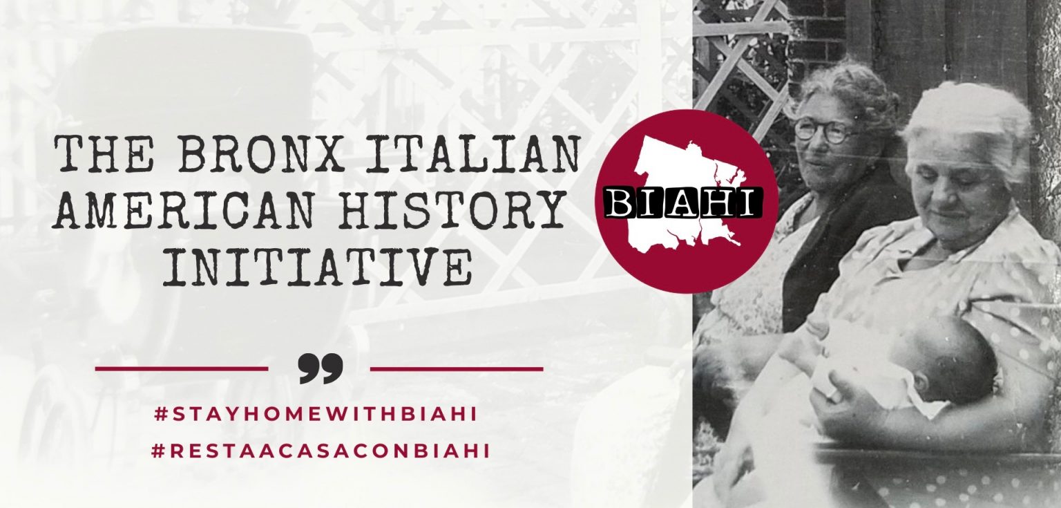 The words "The Bronx Italian American History Initiative" beside a black-and-white photo of two women