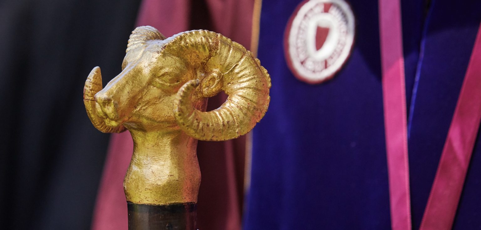 A golden ram head statue on a stick