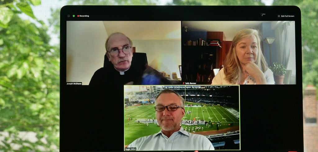 Father McShane, Sally Benner, and Roger Milici shown on screen during the virtual Jubilee 2020.