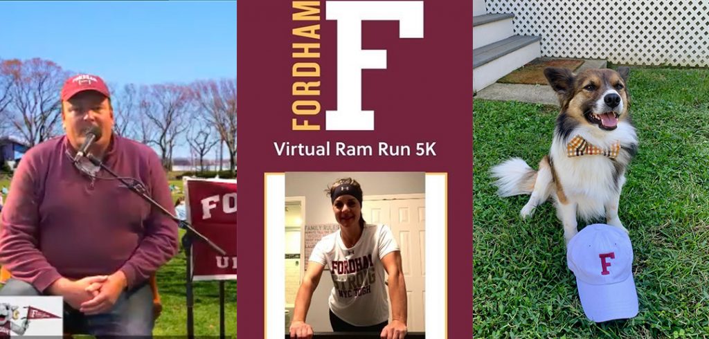 A composite image of Tim Tubridy hosting a Homecoming tailgate, Allison Farina posing after completing the 5K Ram Run, and a dog posing with a Fordham hat.
