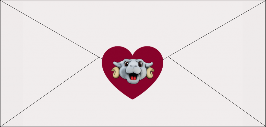 A graphic of an envelope with a heart and the Ramses mascot in the center.