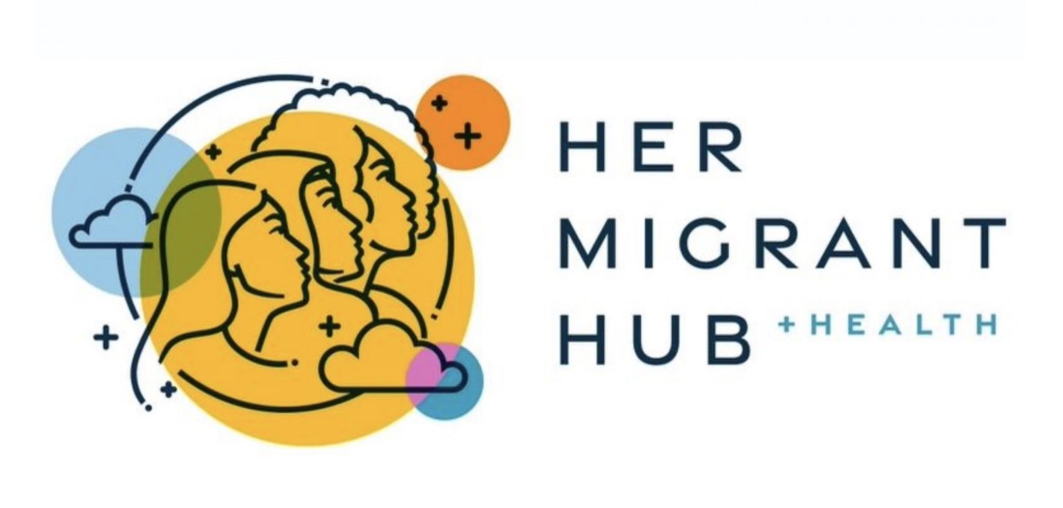 A cartoon of the outlines of three women facing right next to the words "Her Migrant Hub"
