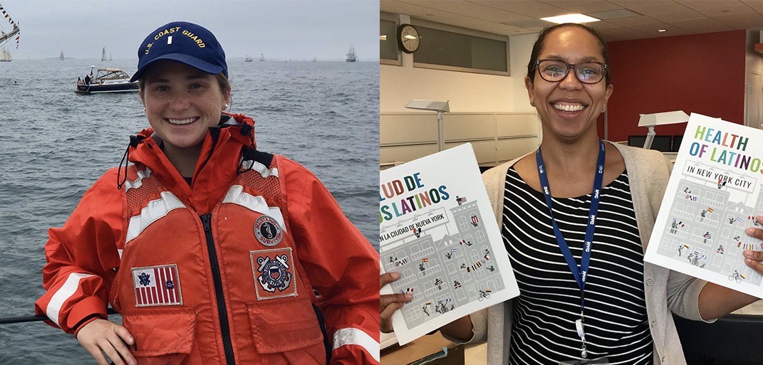 A collage of two photos. In the left photo, a woman wearing a blue baseball cap and an orange vest smiles in front of a ship at sea. In the right photo, a woman smiles and holds two pieces of paper in front of her chest.