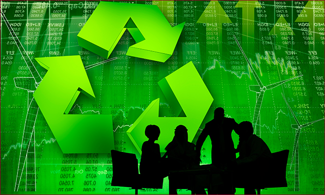 Green graphic. Outlines of people in a meeting. Green recycle symbol behind them.