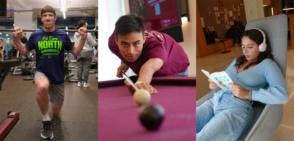 A collage of three students: the first student works out in a gym, the second student plays pool, and the third student reads a book in a chair.
