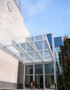 Campus center entrance with glass canopy