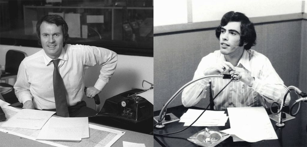 A black-and-white composite image showing Charles Osgood at a desk with a typewriter at CBS in 1972 and Fordham student Jerry Cipriano at Fordham's WFUV radio studio in 1973.