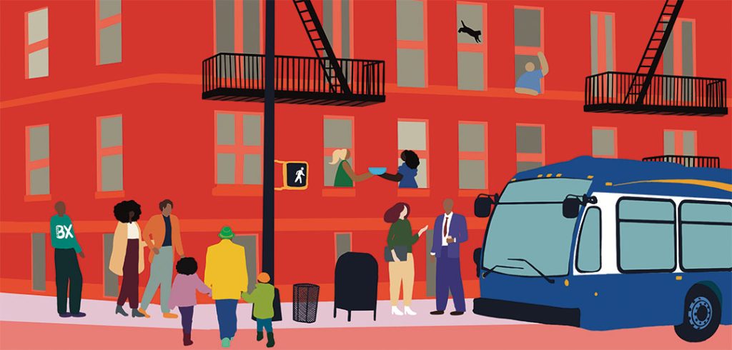 Detail from an illustration of an orange-red Bronx apartment building on a street with a city bus and people engaging with each other