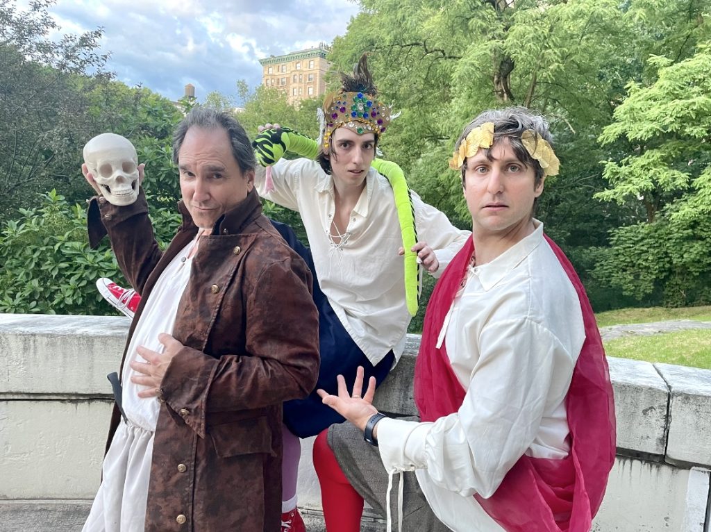 3 main presenting individuals performing in Shakespeare play costumes.