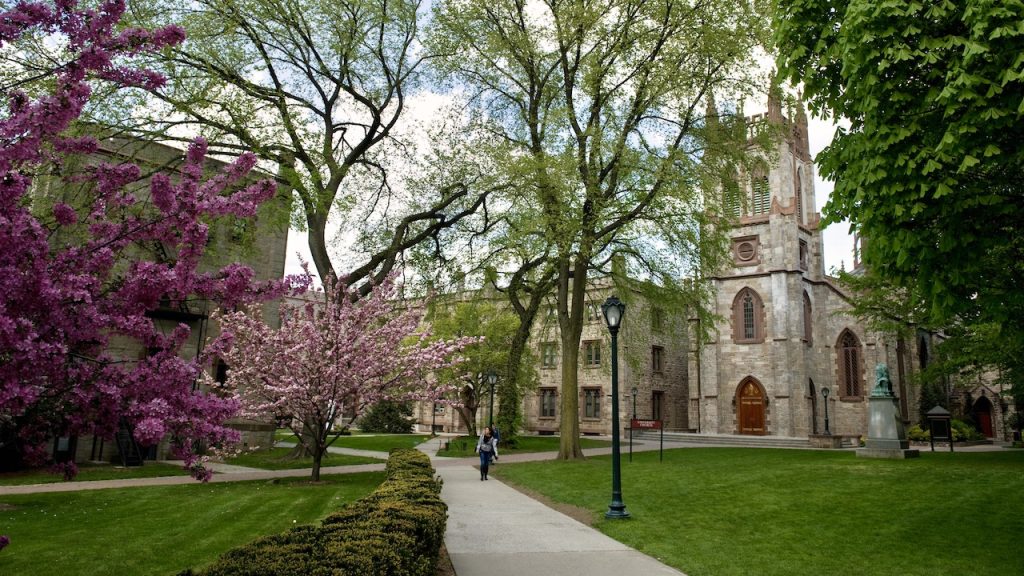 The University Church surrounded by blooming trees