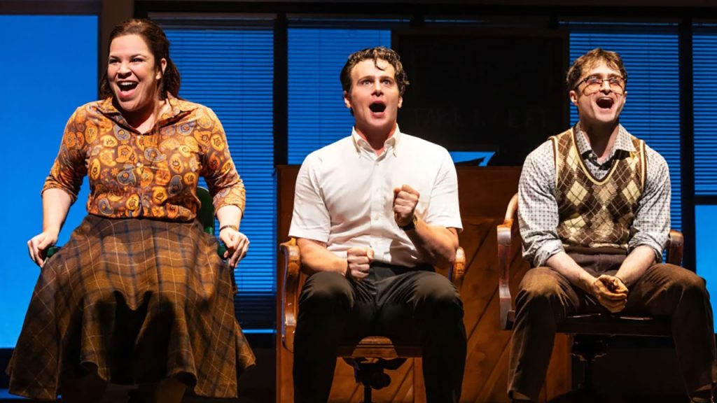 The cast of Merrily We Roll Along on Broadway.