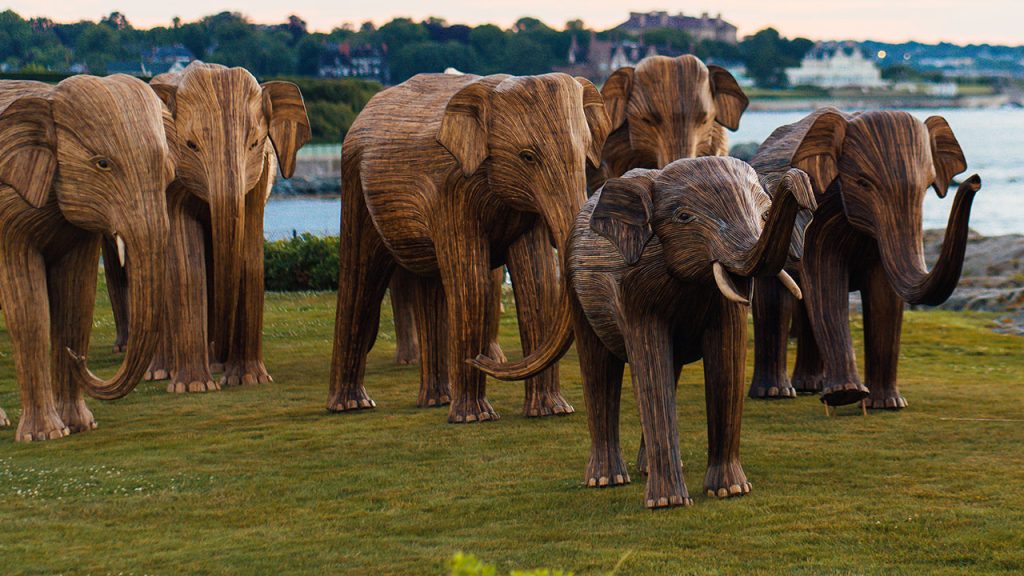 Group of elephant sculptures. 5 adult size and one baby size in front of them.