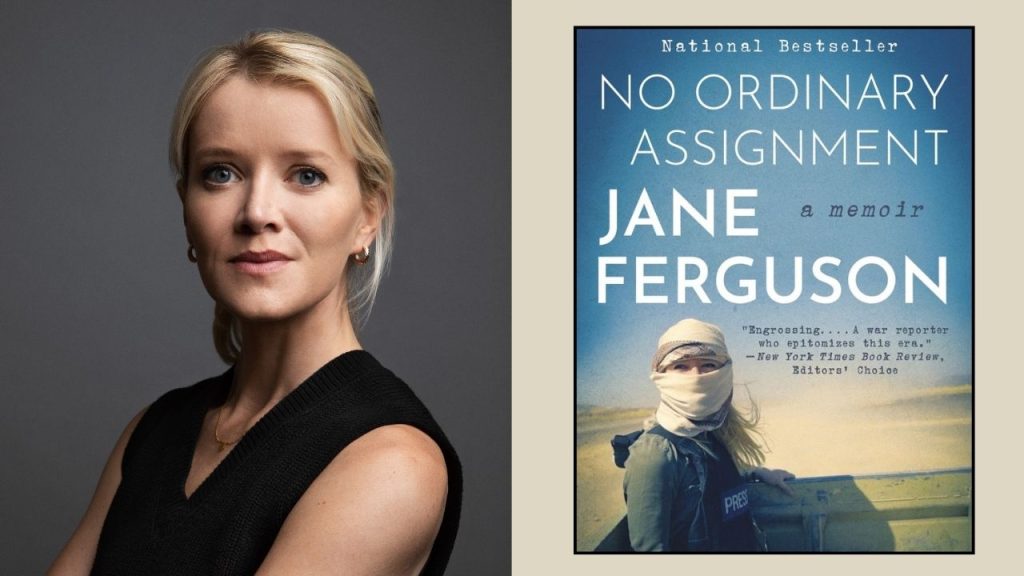 A composite image of journalist Jane Ferguson next to an image of her book, "No Ordinary Assignment: A Memoir"