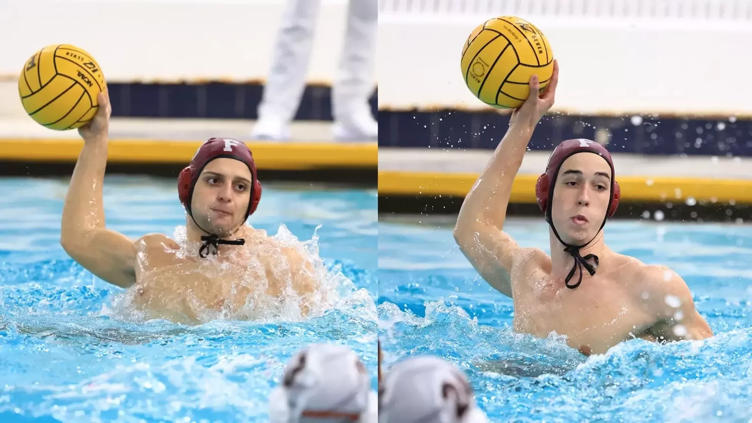 Luca Provenziani & Andras Toth holding water polo ball in air in pool. They are side by side, the image is cropped together.