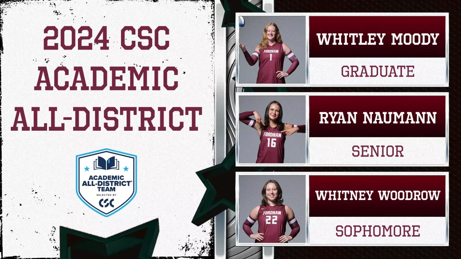 2024 CSC Academic All-District. Whitley Moody, Ryan Naumann, and Whitney Woodrow