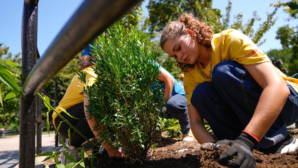 Female presenting student planting.