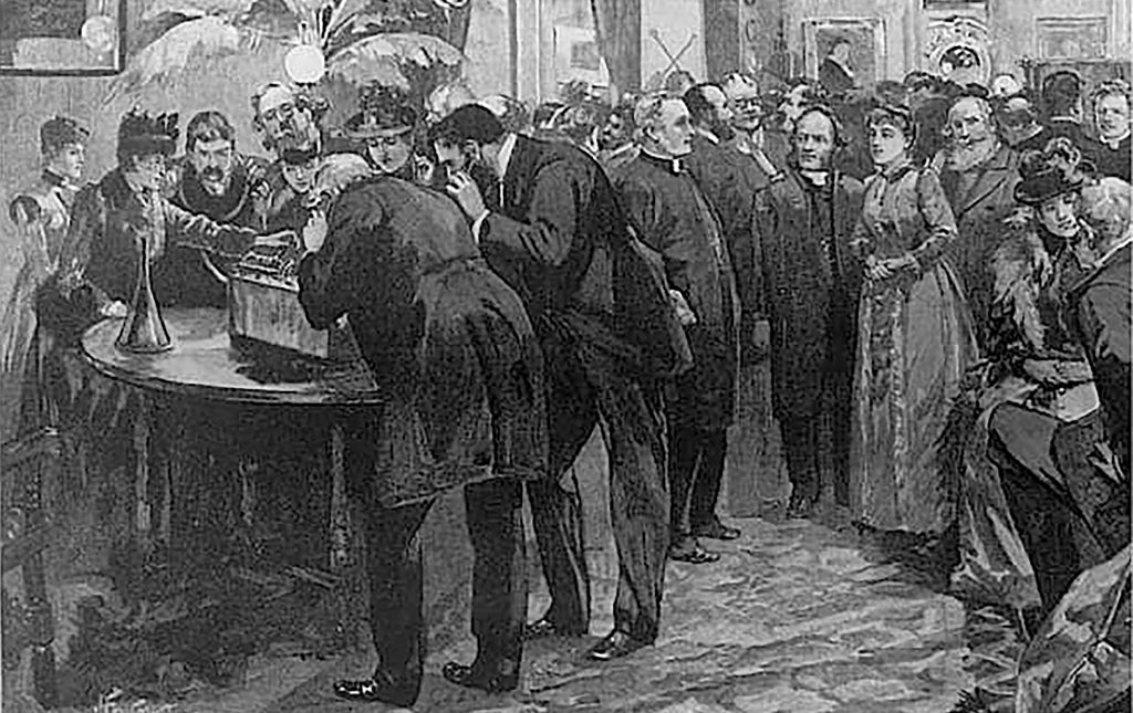 
A rendering of the meeting of the Browning Society, where a recording of deceased poet Robert Browning's voice was played. 