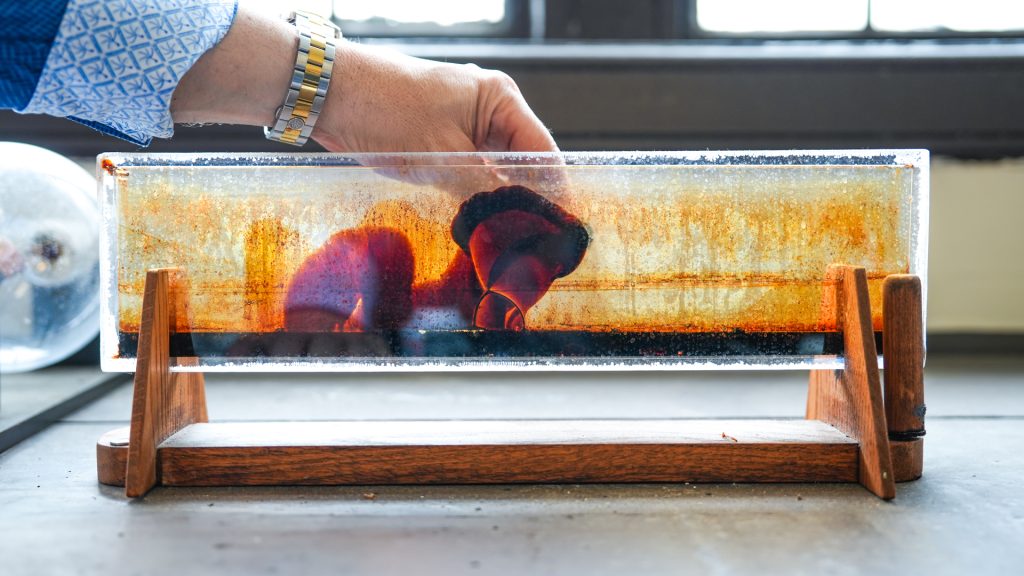 A hand moving a magnet across a scientific item