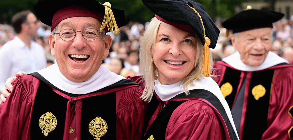 A man and woman pose in hoods and robes at Fordham's commencement ceremony