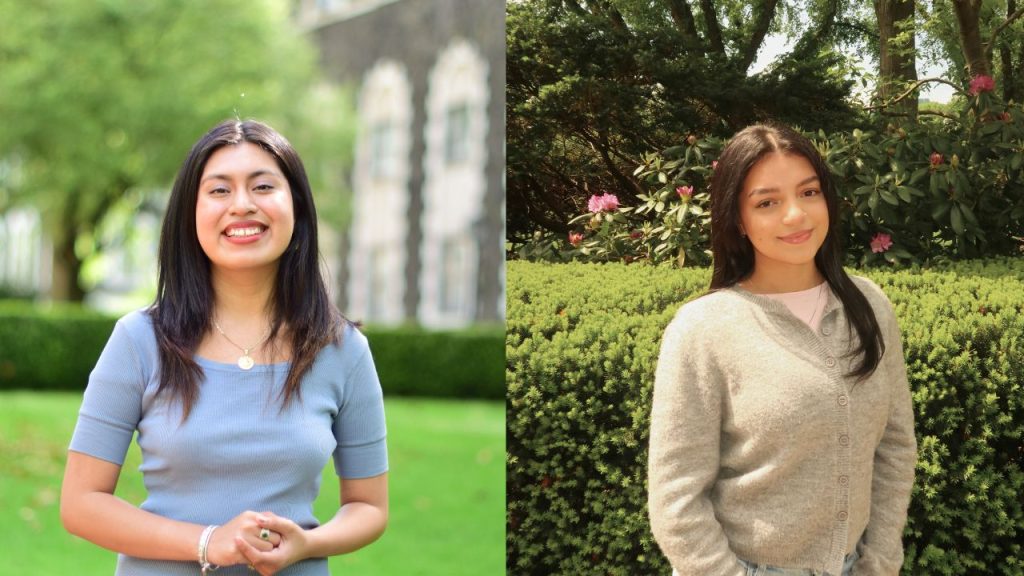 A side-by-side photo of two women, both posing against outdoor backdrop, representing Fordham's 2025 Gilman scholars