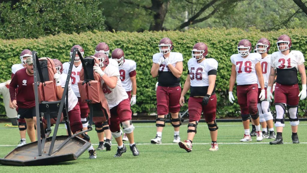 Football players lined up up to practice tackling