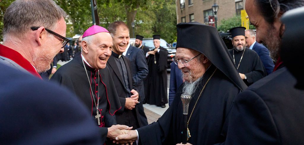 His All-Holiness Bartholomew, Archbishop of Constantinople-New Rome and Ecumenical Patriarch, shakes hands with Archbishop Gabriele Caccia, Papal Nuncio to the United Nations
