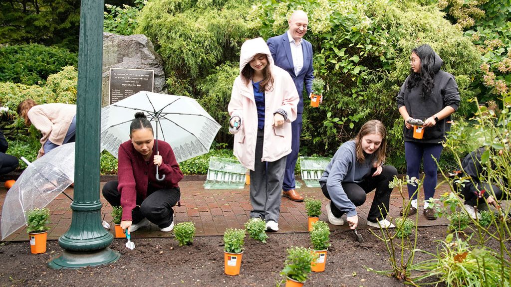 People gathered around flowers that they're planting