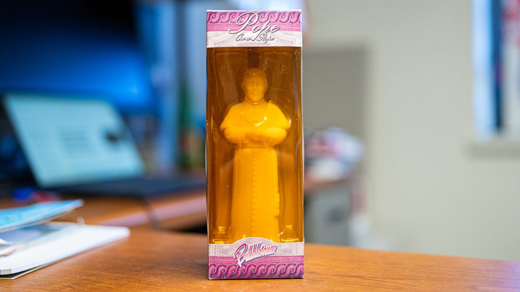 A bar of soap shaped like a pope
