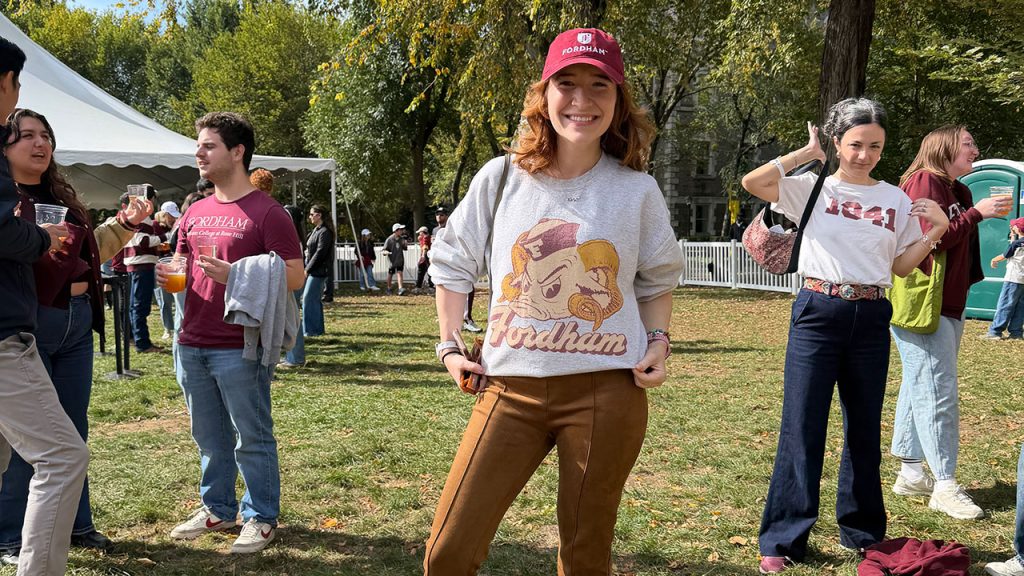 A girl shows off her "angry ram" shirt