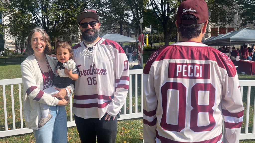 A man wears a custom hockey jersey