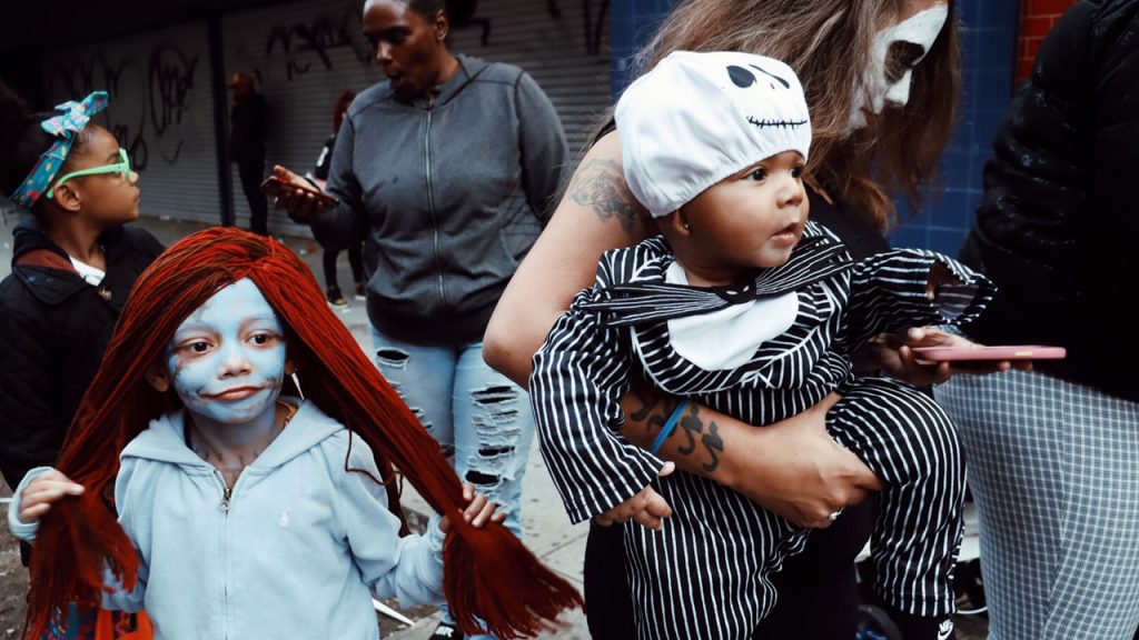 Family dressed in Nightmare Before Christmas Halloween costumes