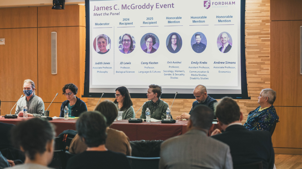 McGroddy Award honorees at the Nov. 2, 2025 panel discussion, from left: JD Lewis, Carey Kasten, Orit Avishai, Emily Krebs, Andrew Simons, and Jude Jones, who moderated the conversation.