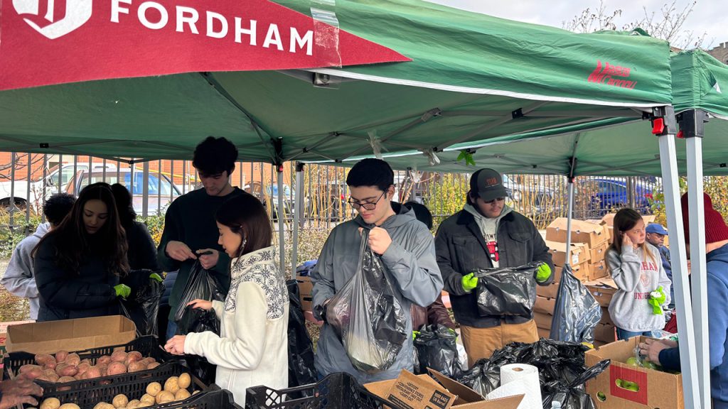 Students prepare fresh procues at a farm stand table with a Fordham banner