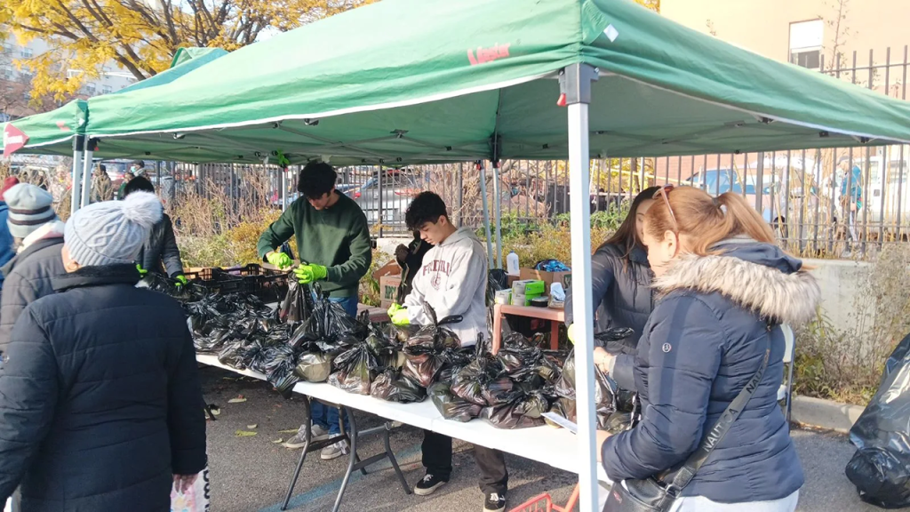 Student prepare turkeys (in black bags) to give away to community members on a long table